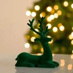 Christmas Decorations>Kirklands Home Velvet Sitting Deer Figurine Green