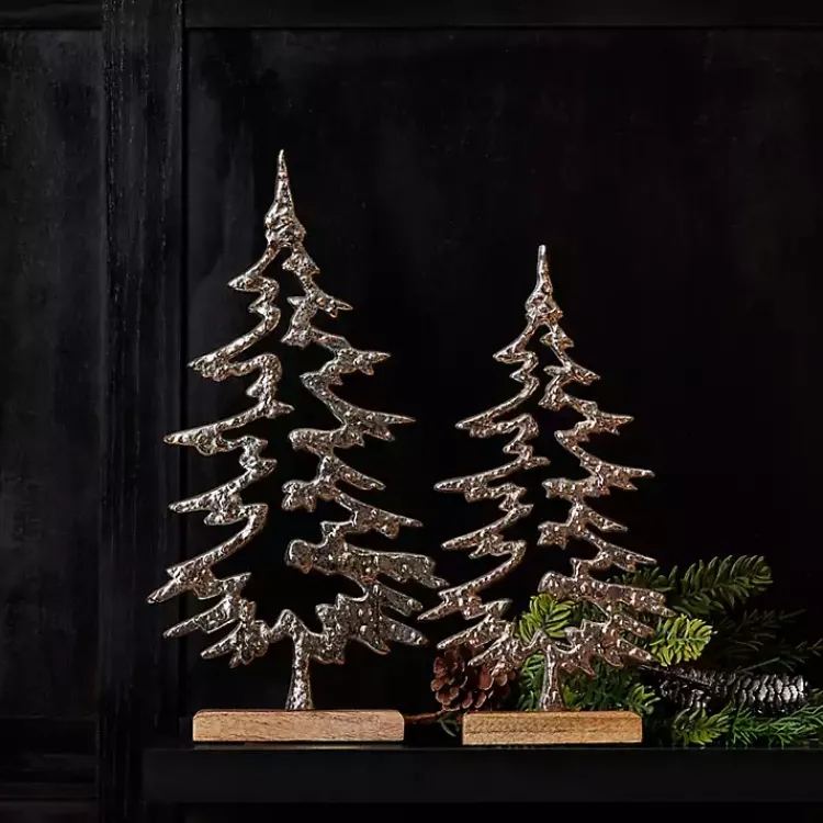 Christmas Decorations>Kirklands Home Hammered Metal Pine Tree Figurines, Set of 2 Silver