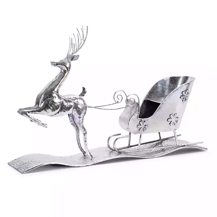 Christmas Decorations>Kirklands Home Hammered Metal Reindeer with Sleigh Decoration Silver