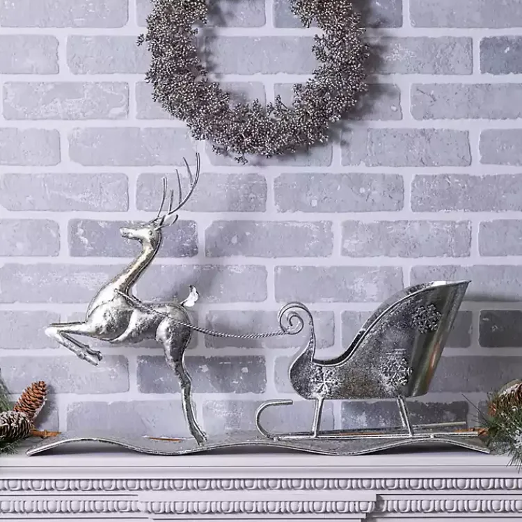 Christmas Decorations>Kirklands Home Hammered Metal Reindeer with Sleigh Decoration Silver