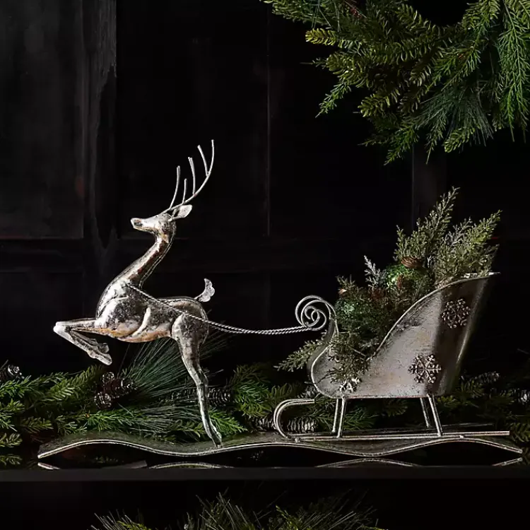 Christmas Decorations>Kirklands Home Hammered Metal Reindeer with Sleigh Decoration Silver