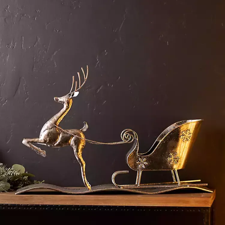 Christmas Decorations>Kirklands Home Hammered Metal Reindeer with Sleigh Decoration Silver