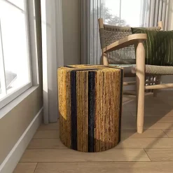 Kirklands Home Handmade Round Banana Leaf Striped Accent Table Brown Outlet