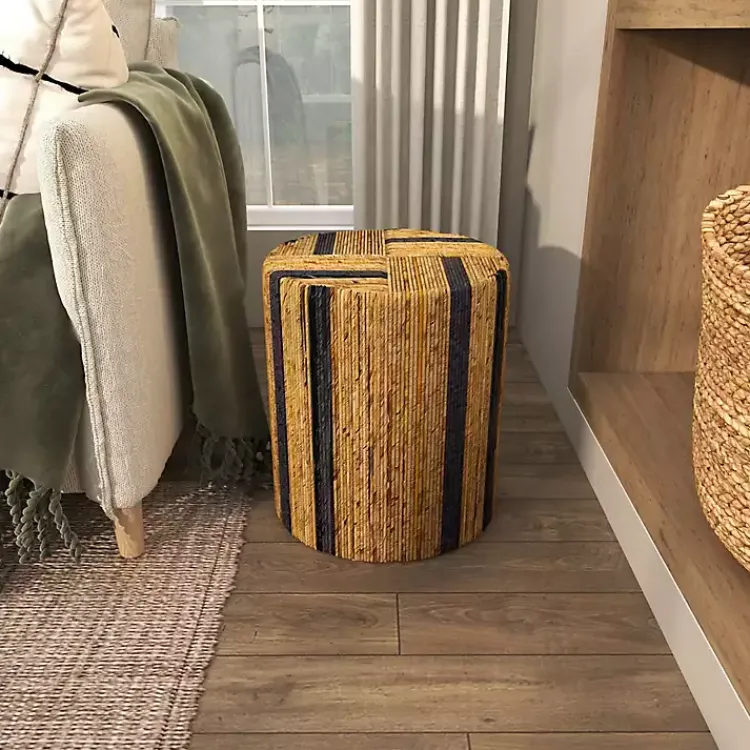 Kirklands Home Handmade Round Banana Leaf Striped Accent Table Brown Outlet