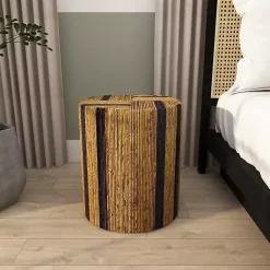 Kirklands Home Handmade Round Banana Leaf Striped Accent Table Brown Outlet
