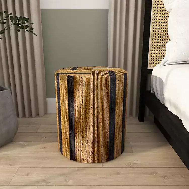 Kirklands Home Handmade Round Banana Leaf Striped Accent Table Brown Outlet