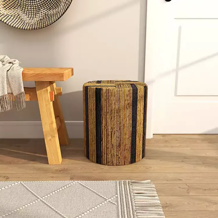 Kirklands Home Handmade Round Banana Leaf Striped Accent Table Brown Outlet