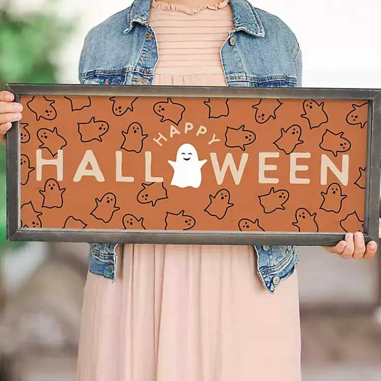 Halloween>Kirklands Home Happy Ghosts and Halloween Framed Wall Plaque Orange