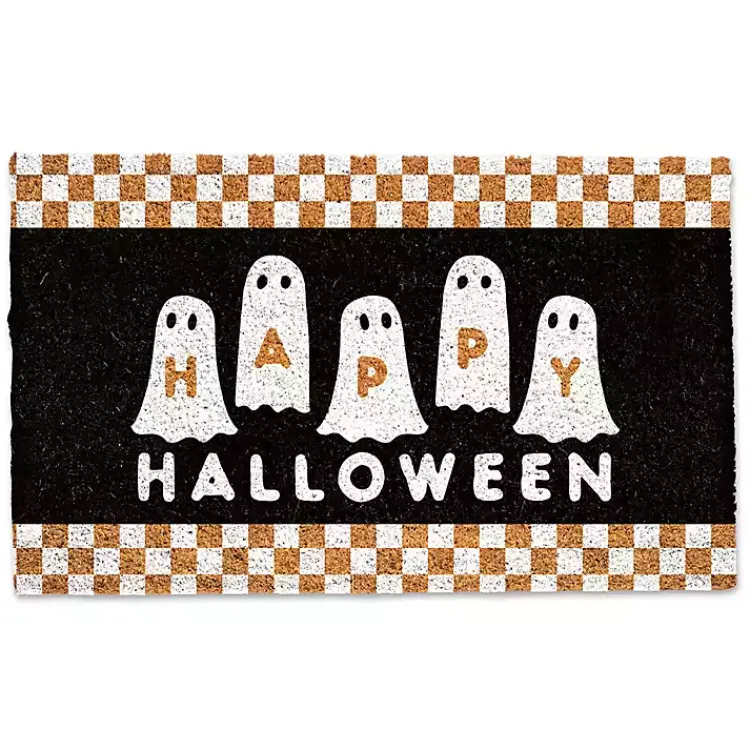 Halloween>Kirklands Home Happy Halloween Ghosts Checkered Halloween Doormat Black