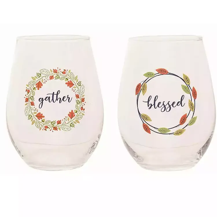 Fall>Kirklands Home Harvest Sentiment Stemless Wine Glasses, Set of 4 Clear