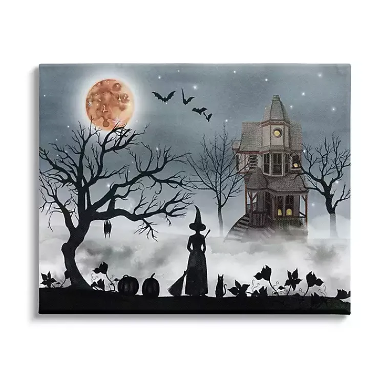 Halloween>Kirklands Home Haunted House Witch Scene Canvas Wall Plaque