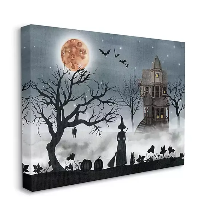 Halloween>Kirklands Home Haunted House Witch Scene Canvas Wall Plaque