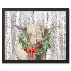 Christmas Art & Wall Decor>Kirklands Home Highland Cow Wreath Framed Canvas Art Print Black