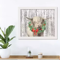 Christmas Art & Wall Decor>Kirklands Home Highland Cow Wreath Framed Canvas Art Print White