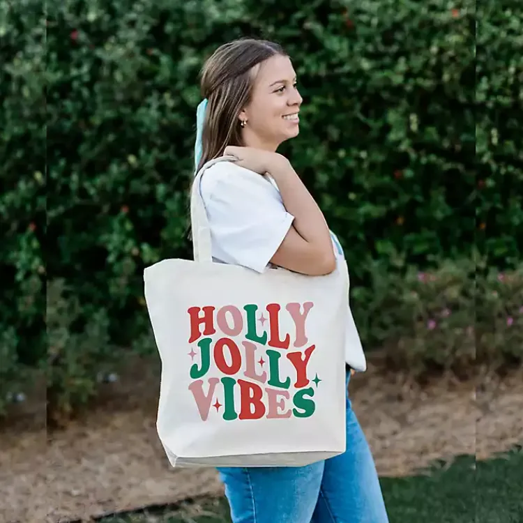 Christmas Decorations>Kirklands Home Holly Jolly Vibes Canvas Tote Bag