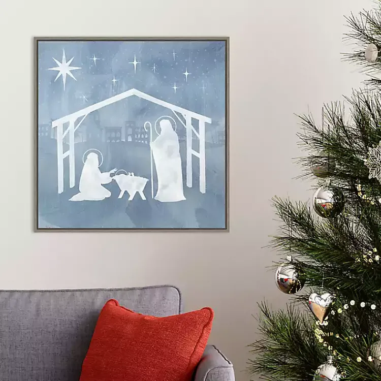 Christmas Art & Wall Decor>Kirklands Home Holy Family Star Stable Framed Canvas Art Print Blue