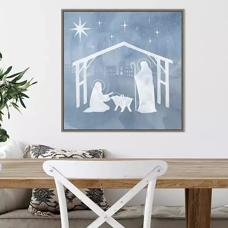 Christmas Art & Wall Decor>Kirklands Home Holy Family Star Stable Framed Canvas Art Print Blue
