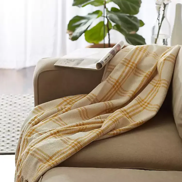 Blankets & Throws>Kirklands Home Honey Gold Plaid Fringe Throw Yellow