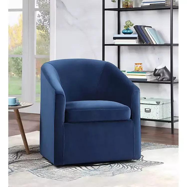 Kirklands Home Indigo Velvet Swivel Barrel Accent Chair Blue New