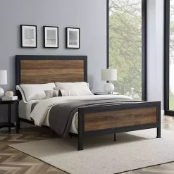 Kirklands Home Industrial Rustic Oak Queen Bed with Metal Frame Brown Clearance