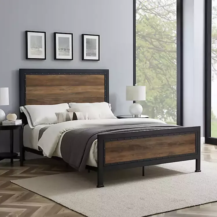 Kirklands Home Industrial Rustic Oak Queen Bed with Metal Frame Brown Clearance