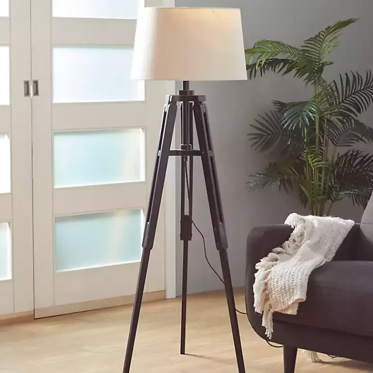 Kirklands Home Industrial Tripod Wooden Floor Lamp Ivory