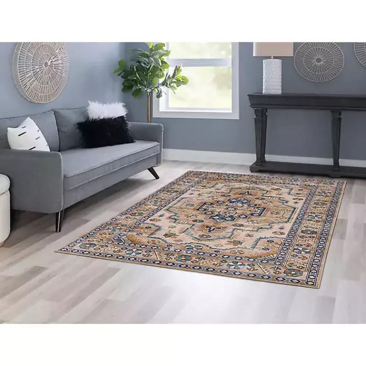 Kirklands Home Ivory and Gold Julian Washable Area Rug, 5x7 Outlet