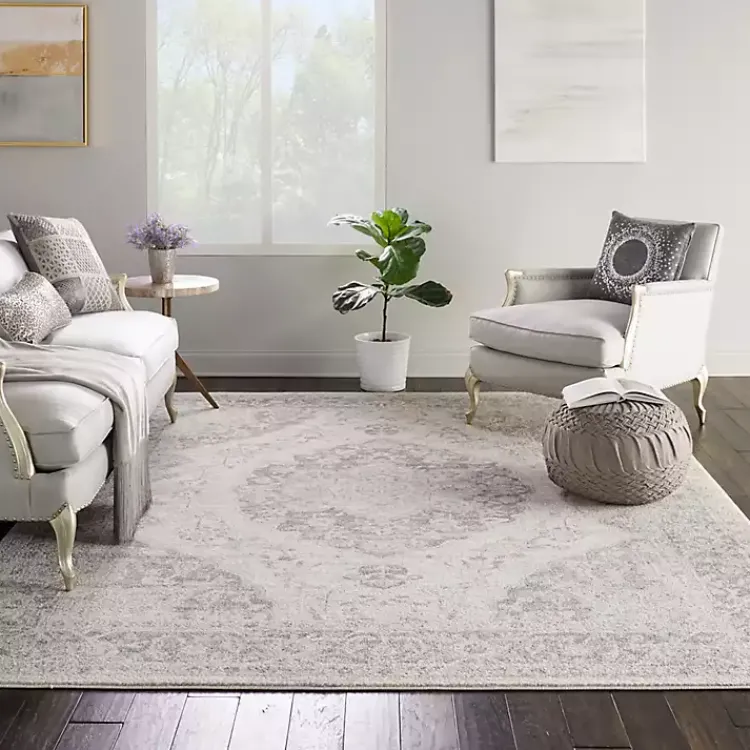 Kirklands Home Ivory and Gray Oushak Medallion Area Rug, 7x10