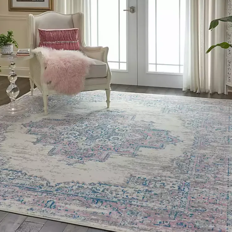Kirklands Home Ivory and Pink Central Medallion Area Rug, 7x9 New
