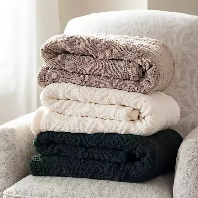 Blankets & Throws>Kirklands Home Chenille Cable Knit Throw Ivory