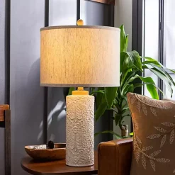 Kirklands Home Ivory Embossed Floral Cylinder Table Lamp Tan Discount