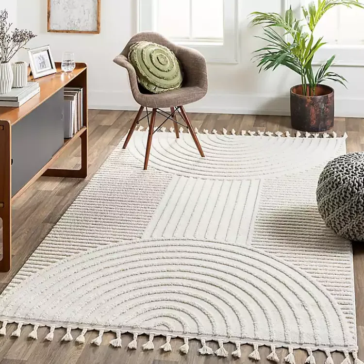 Kirklands Home Geometric Lines Tassel Area Rug, 5x7 Ivory Clearance