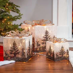 Outdoor Christmas Decorations>Kirklands Home Ivory Jeweled Forest Lit Christmas Gifts, Set of 3