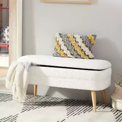 Kirklands Home Upholstered Wood Leg Storage Bench Ivory Sale