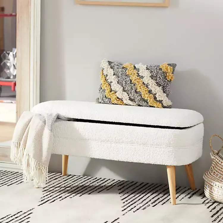 Kirklands Home Upholstered Wood Leg Storage Bench Ivory Sale