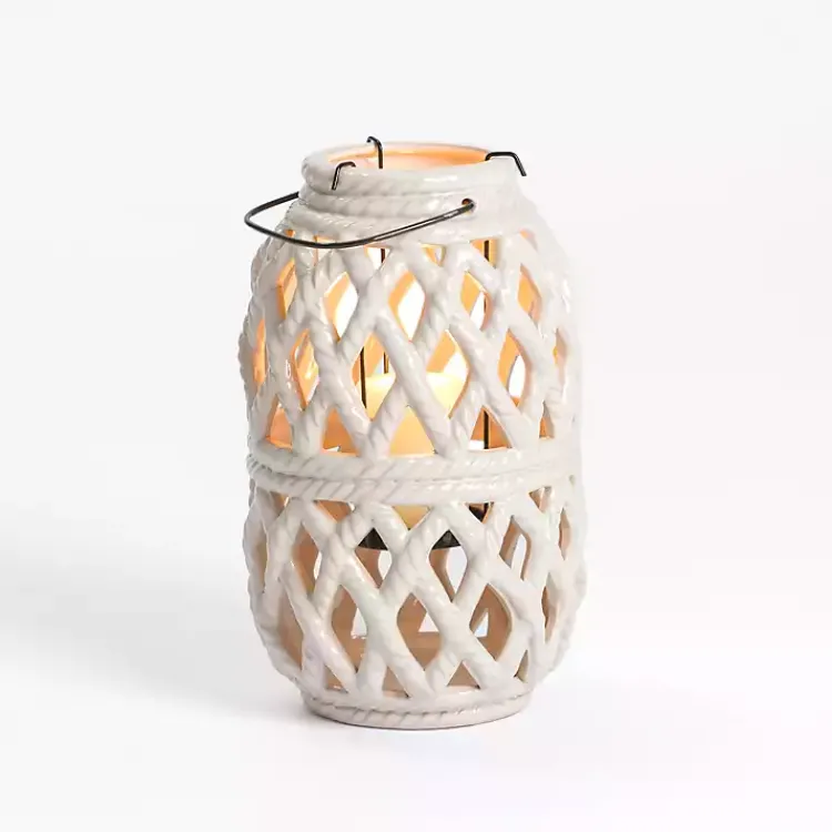 Lanterns>Kirklands Home Woven Stoneware Coastal Lantern, 10 in. Ivory