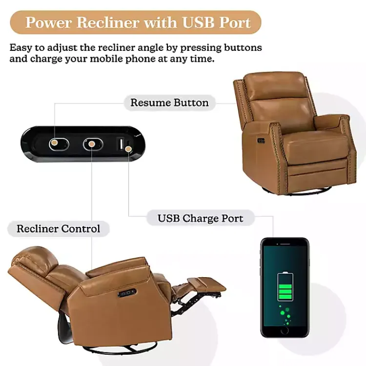 Kirklands Home Johanna Leather Swivel Power Recliner Tan Clearance