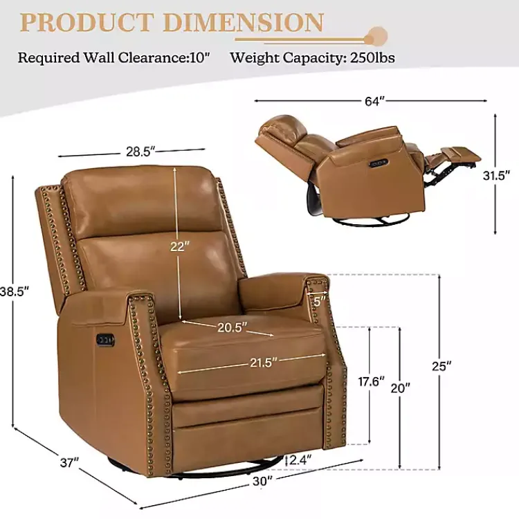 Kirklands Home Johanna Leather Swivel Power Recliner Tan Clearance