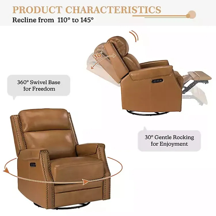 Kirklands Home Johanna Leather Swivel Power Recliner Tan Clearance