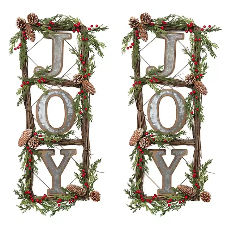 Christmas Art & Wall Decor>Kirklands Home Joy Window Pane Wreath Wall Plaques, Set of 2