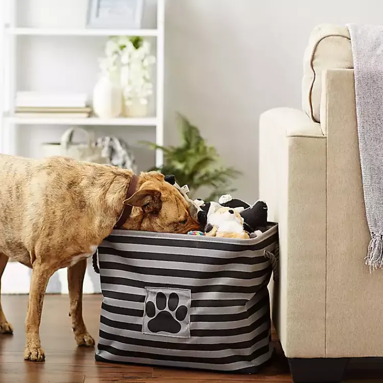 Baskets & Boxes>Kirklands Home Large Black Paw Print Striped Pet Basket