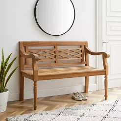 Kirklands Home Lattice Teakwood Slatted Outdoor Bench Tan Best