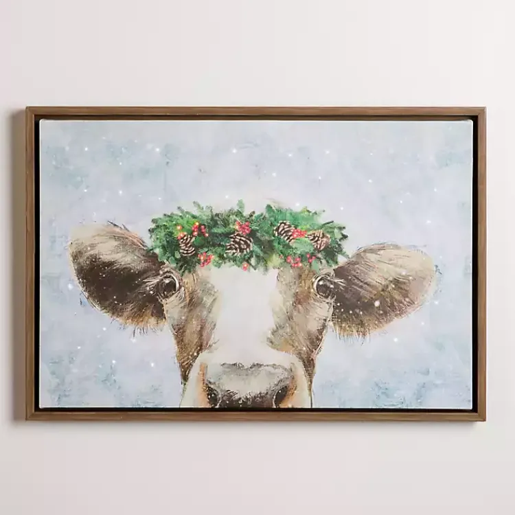 Christmas Art & Wall Decor>Kirklands Home LED Cow with Christmas Greenery Canvas Art Print
