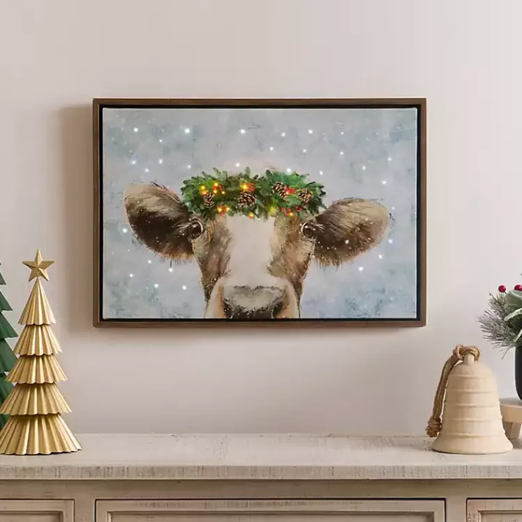 Christmas Art & Wall Decor>Kirklands Home LED Cow with Christmas Greenery Canvas Art Print