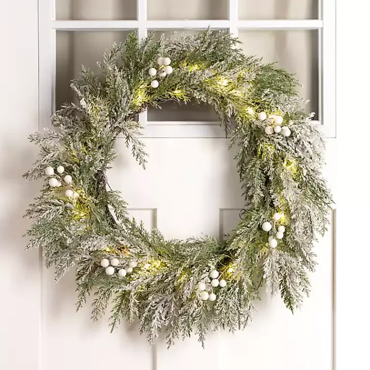 Wreaths>Kirklands Home LED Frosted White Berry Cedar Christmas Wreath