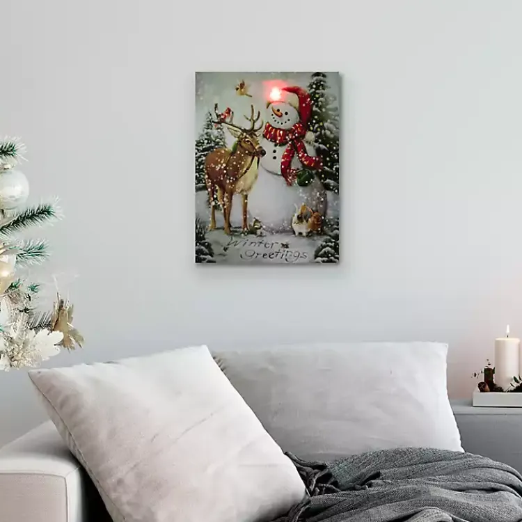 Christmas Art & Wall Decor>Kirklands Home LED Snowman & Reindeer Christmas Canvas Art Print Multi
