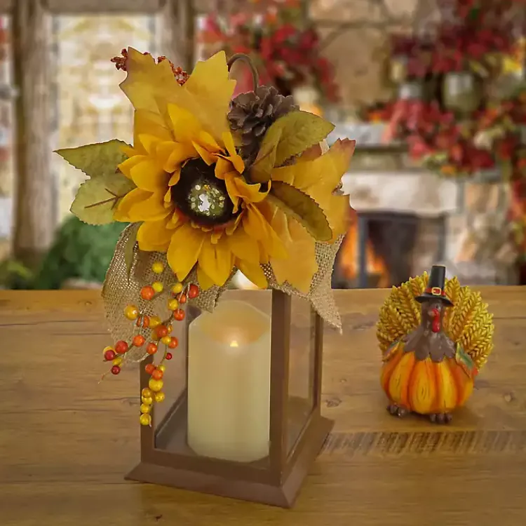 Fall>Kirklands Home LED Sunflower and Burlap Bow Lantern