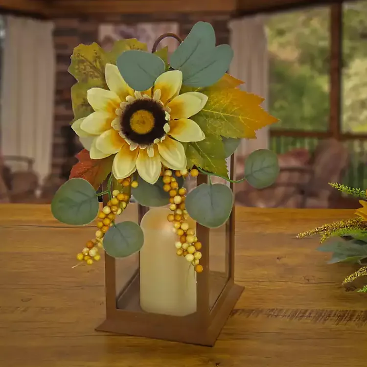 Fall>Kirklands Home LED Sunflower and Eucalyptus Lantern