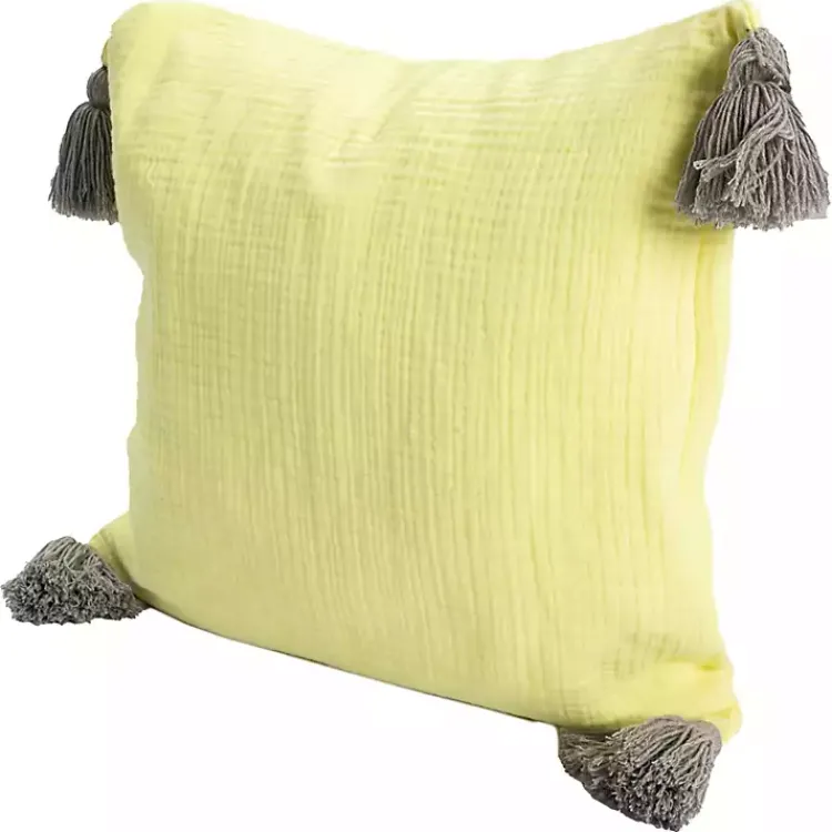 Pillows>Kirklands Home Lemon Gauze Organic Tassel Throw Pillow Yellow