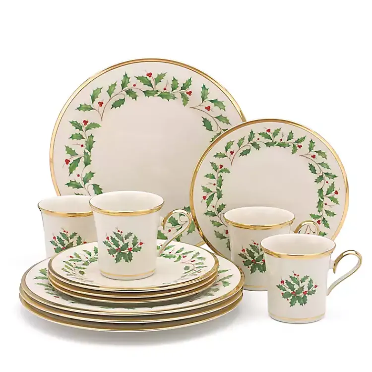 Christmas Dining & Entertaining>Kirklands Home Lenox Holly Gold Edge 12-pc. Dinnerware Set